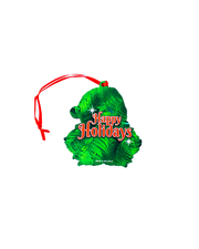 A decorative ornament featuring the text "HAPPY HOLIDAYS" in colorful, red stylized letters surrounded by white frog feet prints, all in front of a patch of green leaves with a red ribbon attached for hanging. The background is plain white.