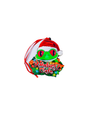A vibrant green frog wearing a Santa hat, surrounded by colorful leaves, with "Rainforest Café" written underneath.