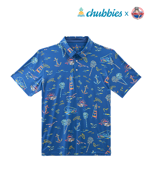 A full view of a blue short-sleeve polo shirt with a colorful pattern featuring scattered ocean paraphernalia such as lighthouses, boats, etc. In the top right corner of the image, there is text that reads "chubbies x" followed by the Bubba Gump Shrimp Logo, and the background is plain white.