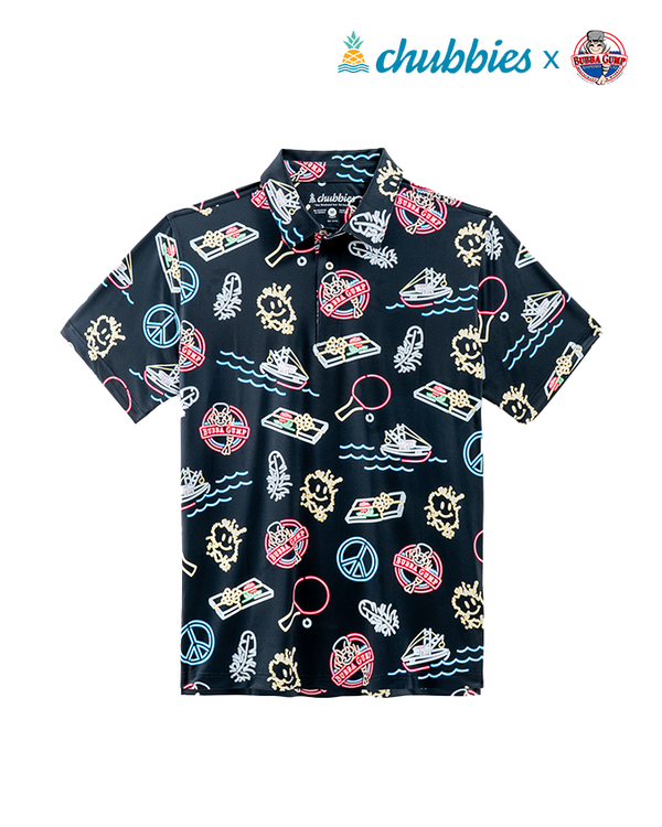 A full shot of a black button-down shirt featuring a fun paraphernalia pattern including peace signs, ping-pong paddles, boats, etc. The top right corner of the image features the Chubbies and a Bubba Gump Shrimp Logo, against a white background.