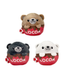 Three stuffed bears in red cup displaying the word "cocoa", arranged closely together.