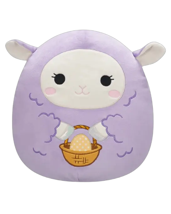 A cute, plush purple sheep with a happy face, holding a basket of eggs, perfect for children's decor or playtime.