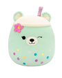 Cute plush bear cup with a smiling face, pink flower, and colorful dots on a mint green body, topped with a light-colored lid and straw.