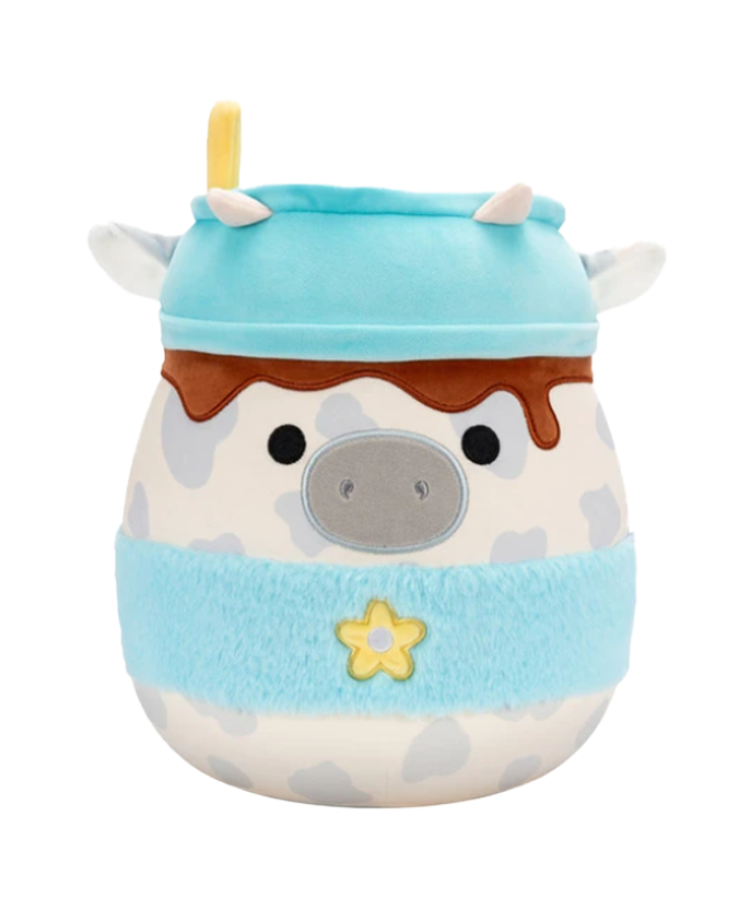 A cute plush cow character with a blue hat and coffee sleeve, brown spots, and a yellow flower accent. Soft and huggable design.