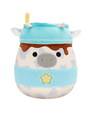 A cute plush cow character with a blue hat and coffee sleeve, brown spots, and a yellow flower accent. Soft and huggable design.