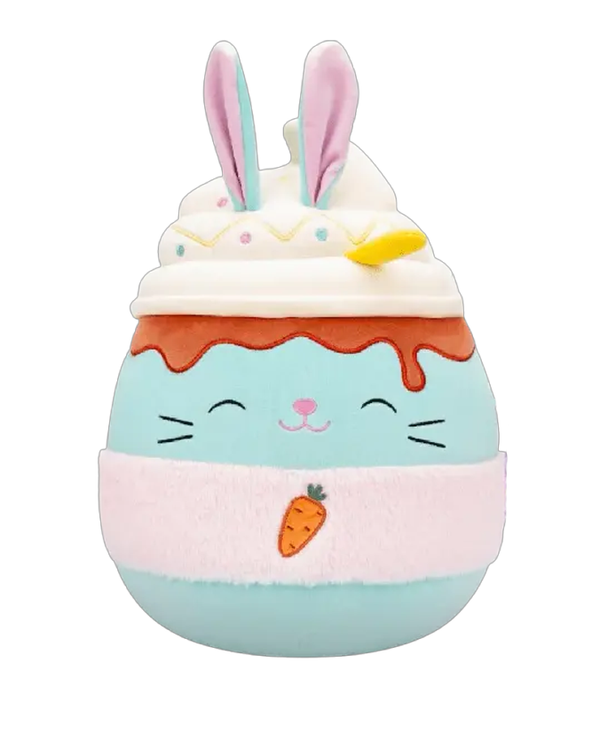 Cute plush toy resembling a round blue bunny with a whipped cream hat, decorated with a carrot patch and smiling face.