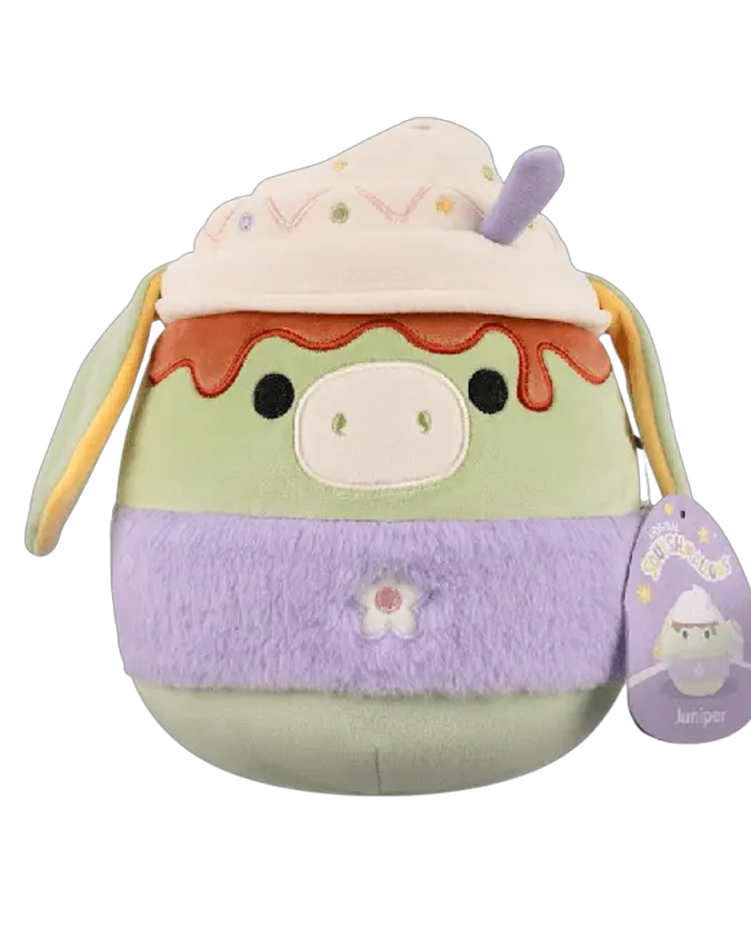 Plush toy of a cute green donkey with a dessert-themed hat, featuring sprinkles and a spoon, wearing a lavender band. 