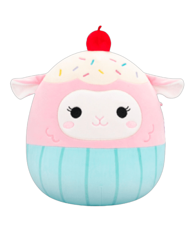 Plush toy resembling a cupcake with a lamb face, pink frosting, colorful sprinkles, and a red cherry on top.