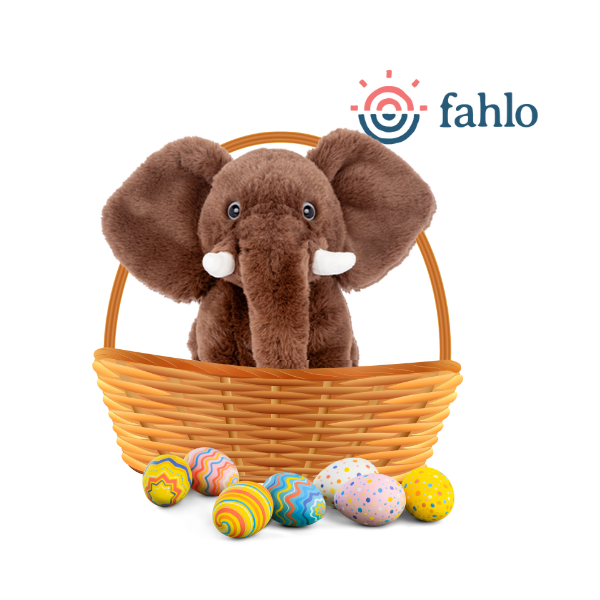 A plush elephant peeks from a wicker basket surrounded by colorful Easter eggs, accompanied by the Fahlo logo in the corner.