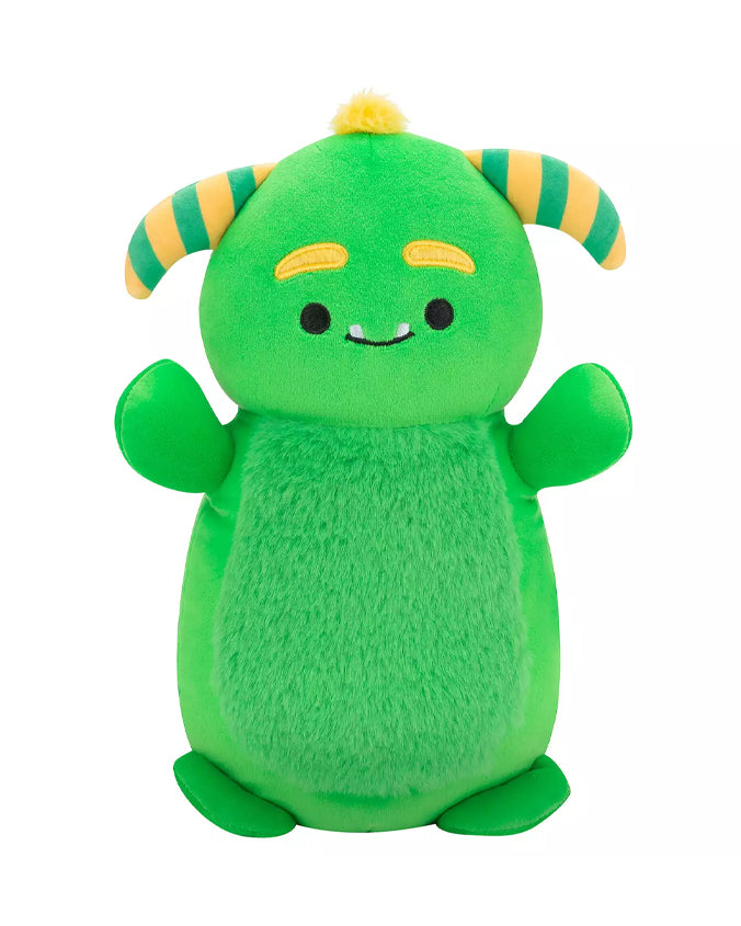 A plush toy with a bright green body and a smiling face. The toy has yellow accents on its cheeks and the tip of its antenna-like protrusions, which are striped with green and a darker shade of green. It appears to be a stylized caterpillar or bug character with no visible legs or arms, just rounded stumps for limbs. 