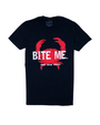 A black crewneck T-shirt with a crab graphic in the center and the text "BITE ME.", "JOE'S CRAB SHACK". The background is plain white.