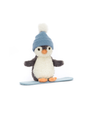 Stuffed penguin toy wearing a blue hat and sitting on a blue snowboard against a white background