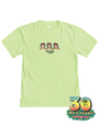 A lime green short-sleeved t-shirt featuring a print of three colorful frogs in the upper middle part, with ‘Rainforest Cafe’ written below in black letters. The shirt is laid flat on a surface, and in the bottom right corner, there’s a logo celebrating ‘30 WILD YEARS! Rainforest Cafe’ with a tree frog coming out the 0.