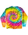 Colorful tie-dye long-sleeve shirt with peace, love, and nature symbols and "30 Wild Years" on left sleeve on a white background