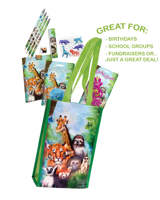 The image features a collection of school supplies with a wildlife theme. There is a green tote bag with vivid illustrations of various animals including a giraffe, tiger, lemur, and others in a jungle setting. Accompanying the tote bag is a small notebook, a set of pencils, all adorned with similar animal imagery and patterns. The items are arranged against a white background.