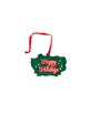 A decorative ornament featuring the text "HAPPY HOLIDAYS" in colorful, red and white stylized letters surrounded by white frog feet prints, all in front of a patch of green leaves with a red ribbon attached for hanging. The background is plain white.