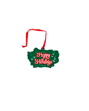 A decorative ornament featuring the text "HAPPY HOLIDAYS" in colorful, red and white stylized letters surrounded by white frog feet prints, all in front of a patch of green leaves with a red ribbon attached for hanging. The background is plain white.