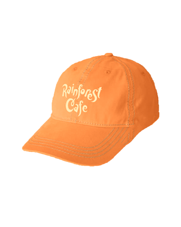 An angled view of an orange baseball cap with the text "Rainforest Cafe" written on it in white stylized font.