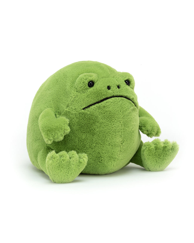 A round green plush frog with a slightly frowning expression, sitting against a white background.