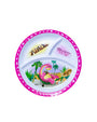 A round, divided children’s plate with a vibrant design. The plate is primarily white and has three compartments. The rim of the plate is decorated with multiple dinosaurs and pink along the edge. In the largest compartment, there is an illustration of a pink brachiosaurs laying next to green palm leaves, with the word ‘ROCKSY’ partially visible. 