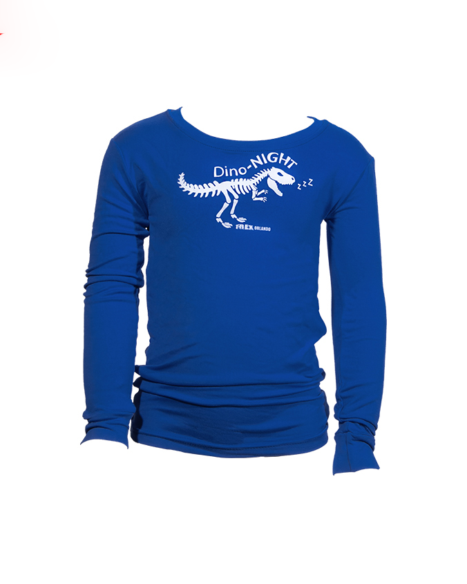 Blue long sleeve tee with dinosaur skeleton that says 'Dino-NIGHT".