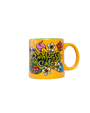 A colorful yellow mug with "RAINFOREST CAFE" written on the front, surrounded by tropical flowers and leaves. 