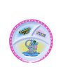 A colorful plate featuring a design with a pink border containing small stars and the words ‘Rainforest Cafe’ in a playful, green font. The center of the plate shows an illustration of a cartoon elephant named Tuki, who is sitting in water and splashing it to cha cha who is on top of it's head.