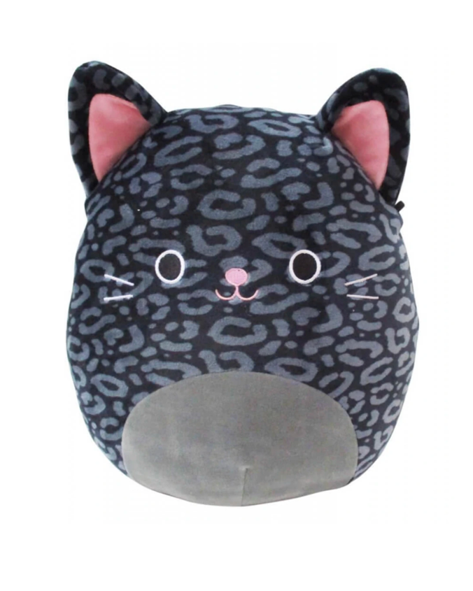A plush cat pillow toy with black leopard spots and a pink nose and ears. The background is plain white.