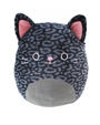 A plush cat pillow toy with black leopard spots and a pink nose and ears. The background is plain white.