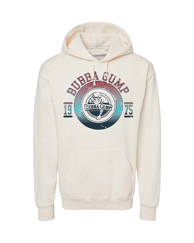 Sweat Cream Heather pullover hoodie. Centered in a circle is the Bubba Gump Logo, above it reads "Bubba Gump". On the left is the number 19 and on the right is the number 75.