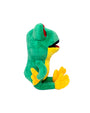 Side view of Cha Cha the Frog plush sitting down with hands on hips.