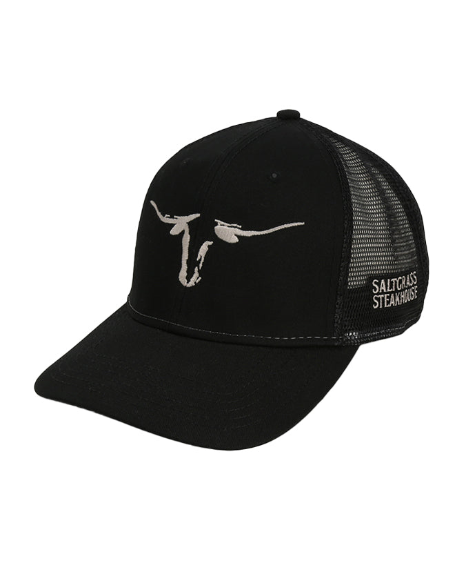Black cap with mesh backing and white longhorn embroidery.