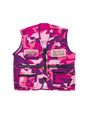 Pink camoflauge print vest with zipper pockets and Rainforest Cafe logo and "Jungle Safari Guide" embroidery in tan.