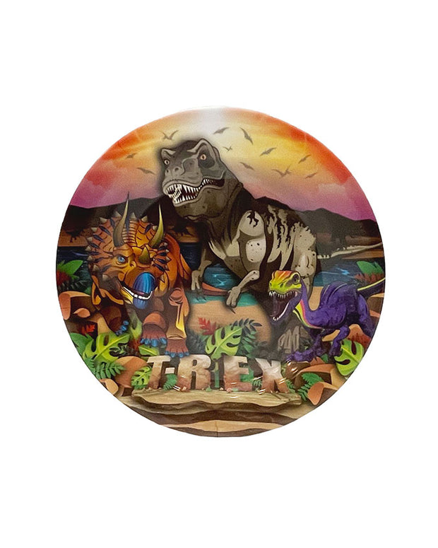 Trice the Raptor portrayed with his friends in front of sunset background on plate.