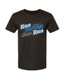 Charcoal black cotton tee that says "Run Forrest Run" as a front center chest detail shown in front of white background.